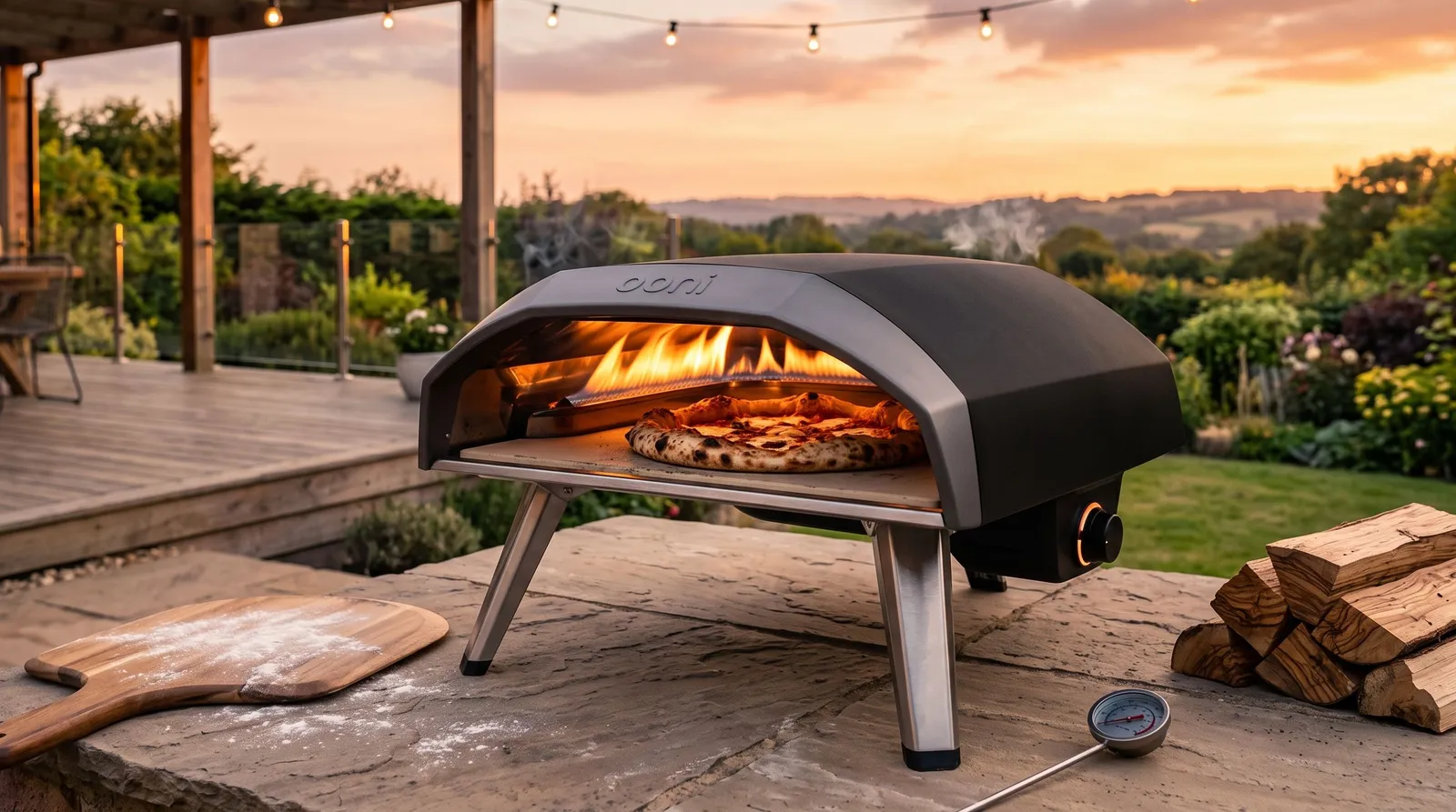 Four à pizza à gaz Ooni Koda 2 Pro sur une terrasse au coucher du soleil, pizza en cuisson