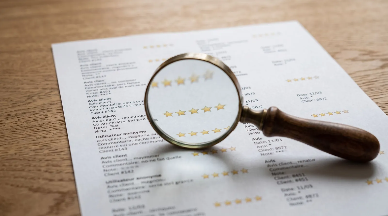 Loupe grossissant une ligne d'étoiles de notation sur une feuille imprimée d'avis clients génériques