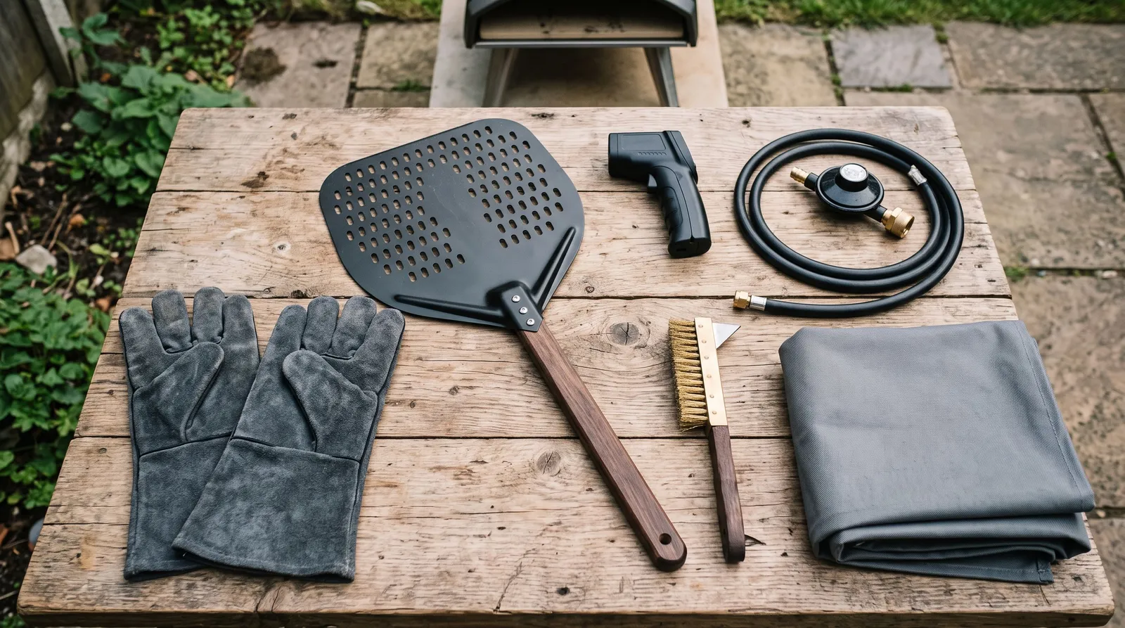 Pelle perforée, thermomètre infrarouge, détendeur de gaz, brosse et housse de protection posés sur une table en bois