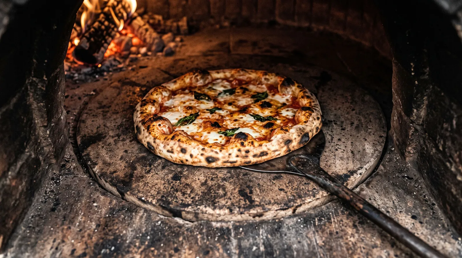 Pizza cuisant au centre d'une sole ronde, marge de pierre nue visible tout autour, pelle engagée sur le côté