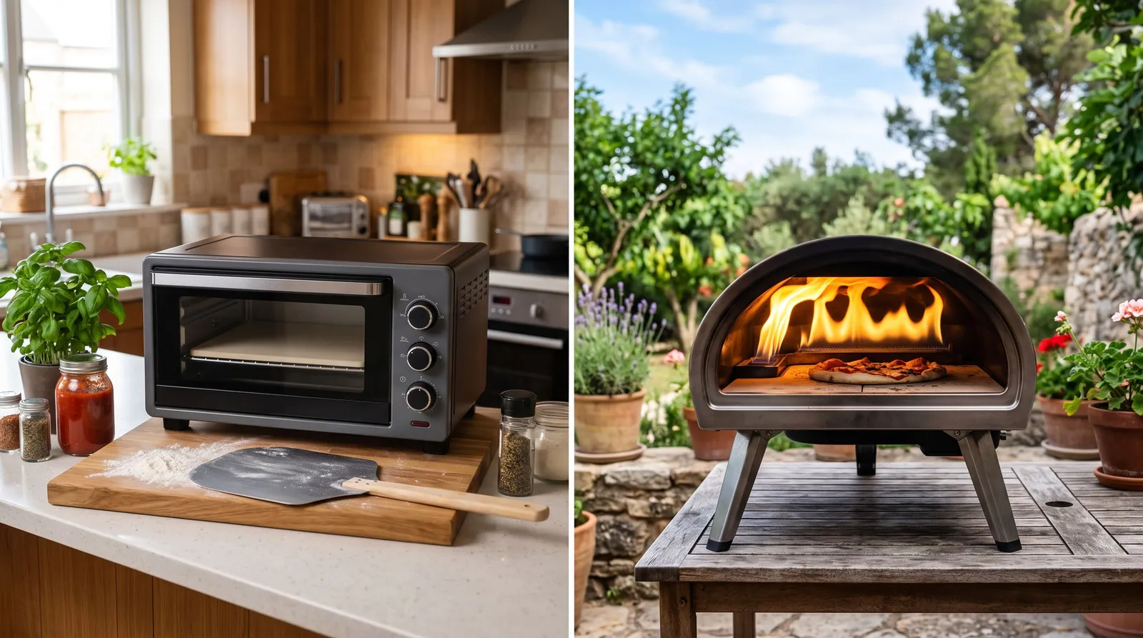 Four à pizza électrique dans une cuisine à gauche, four à gaz à flamme sur une terrasse à droite