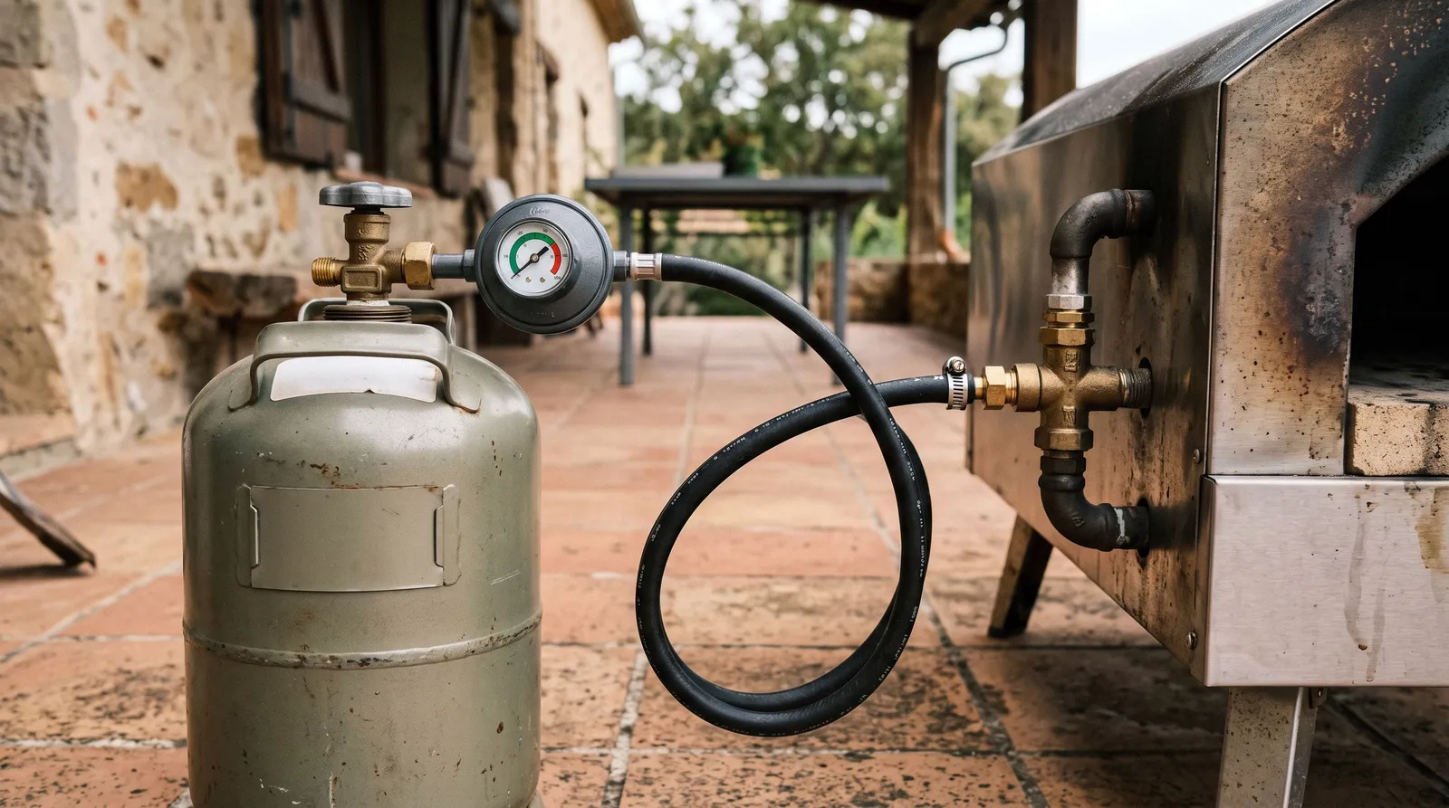 Bouteille de gaz raccordée par un détendeur et un tuyau à l'arrivée d'un four à pizza d'extérieur