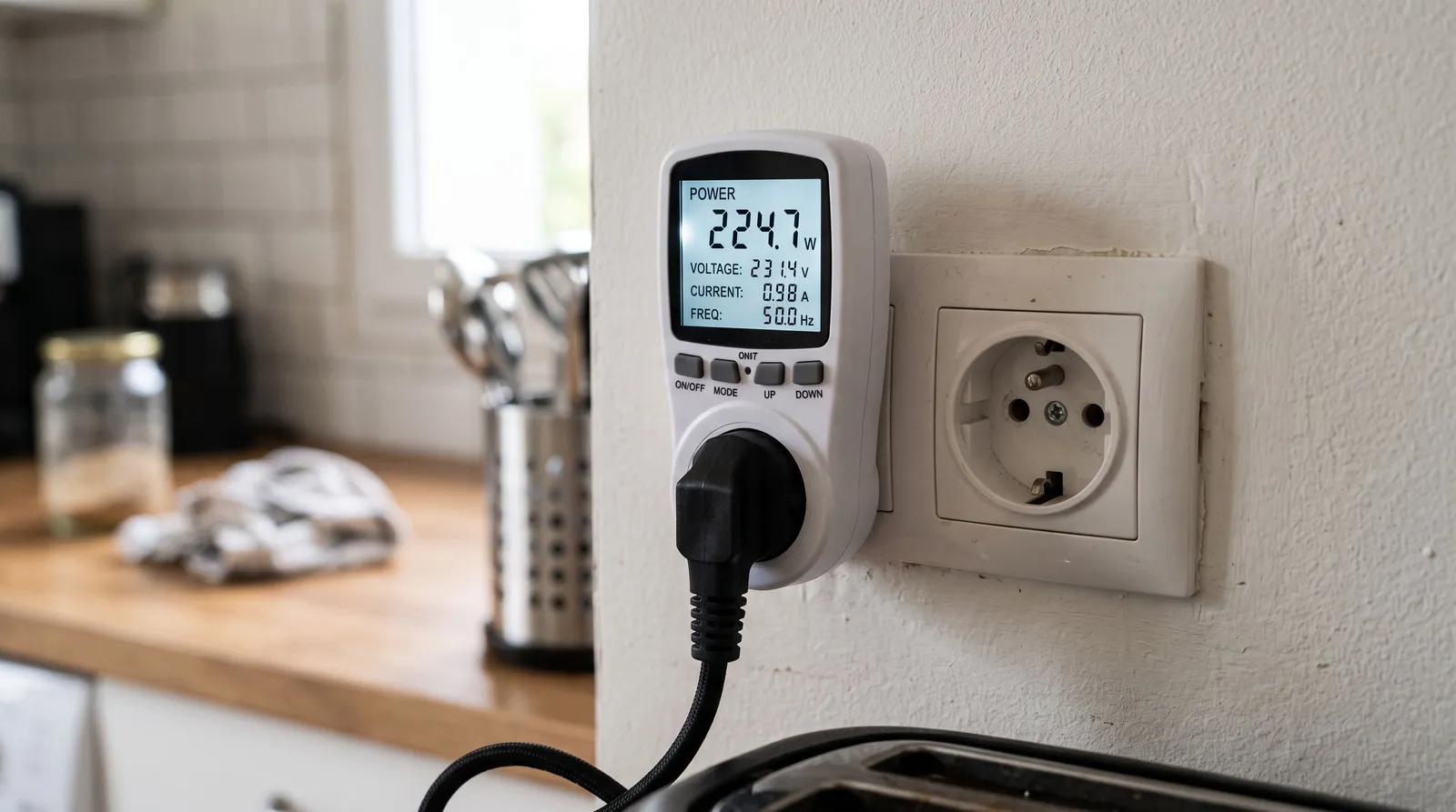 Wattmètre branché sur une prise électrique française affichant la puissance consommée par un appareil de cuisine