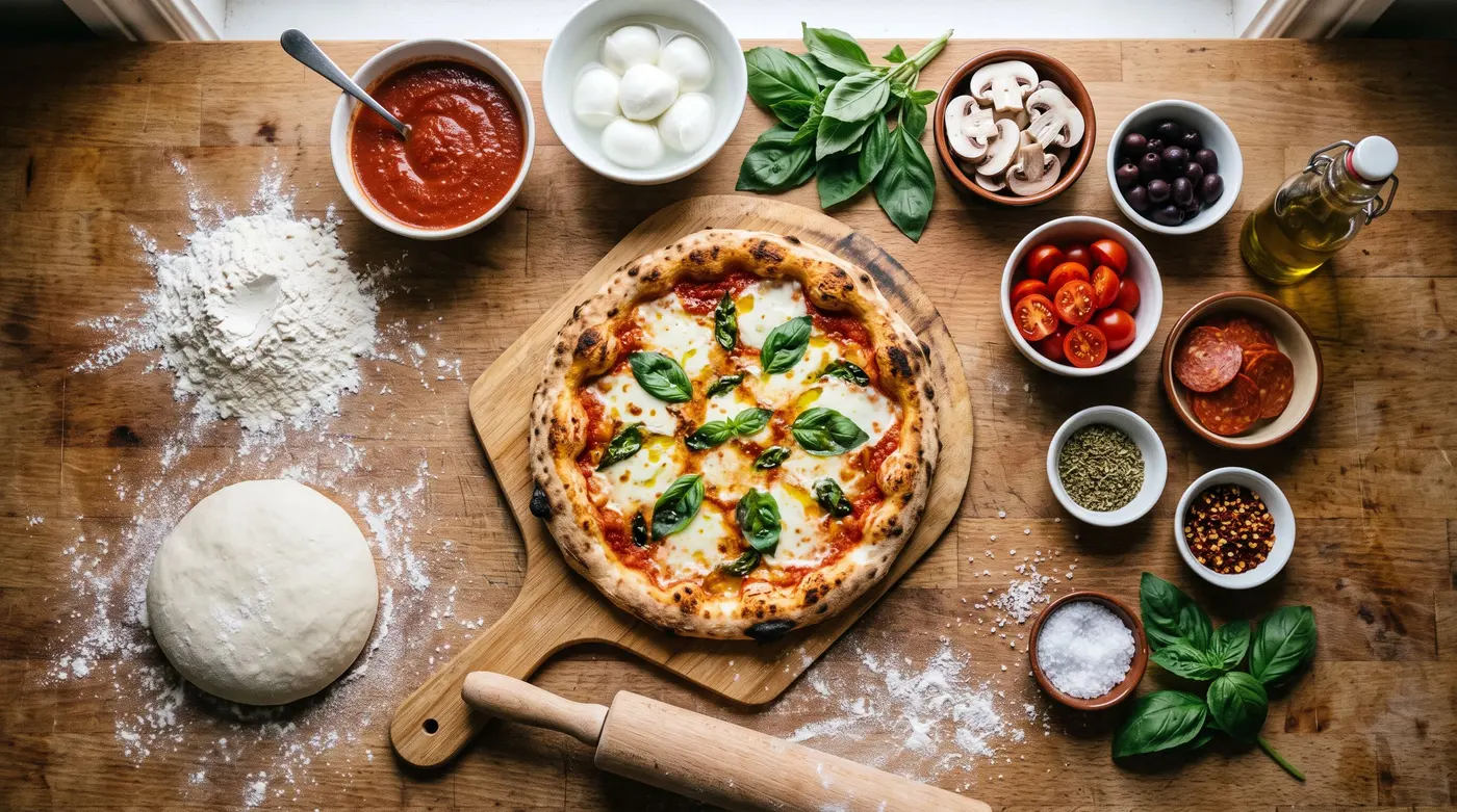 Ingrédients d'une pizza maison — farine, pâte, sauce tomate, mozzarella, basilic — disposés autour d'une pizza cuite