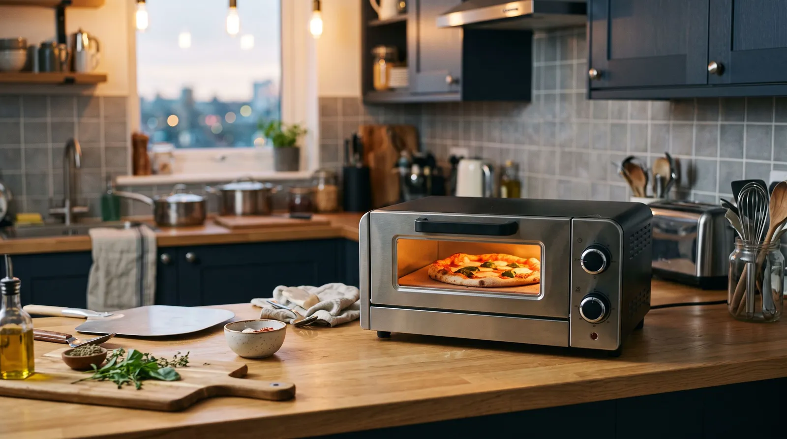 Four à pizza électrique compact posé sur le plan de travail d'une cuisine d'appartement, pizza en cuisson