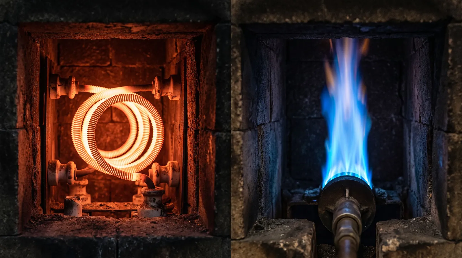 Résistance électrique incandescente face à une flamme de gaz bleue, deux sources de chaleur en miroir