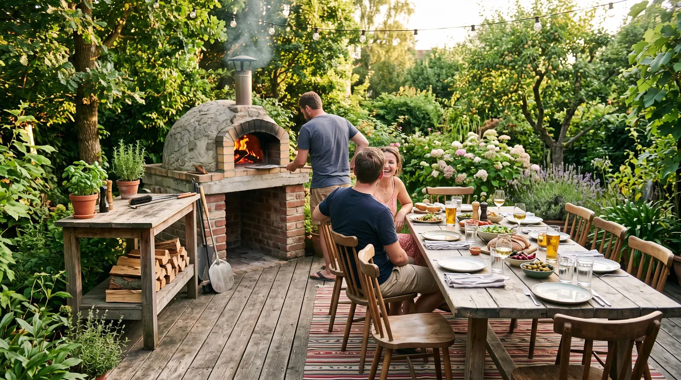 Four à pizza en pierre installé sur une terrasse de jardin, repas dressé à proximité