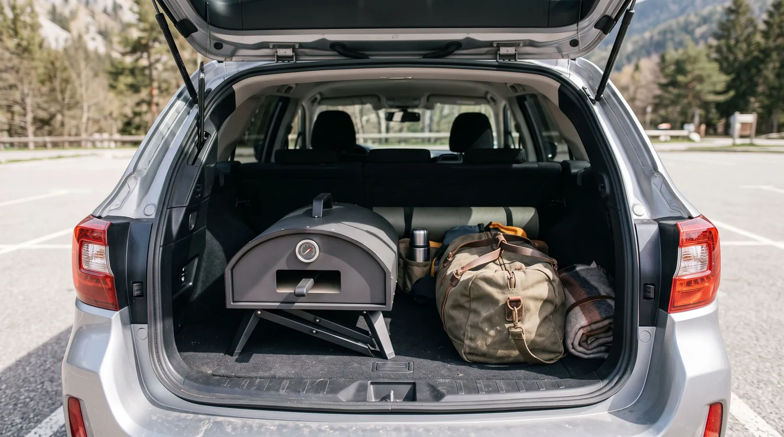 Petit four à pizza compact aux pieds repliés, rangé dans le coffre d'une voiture avec un sac de voyage