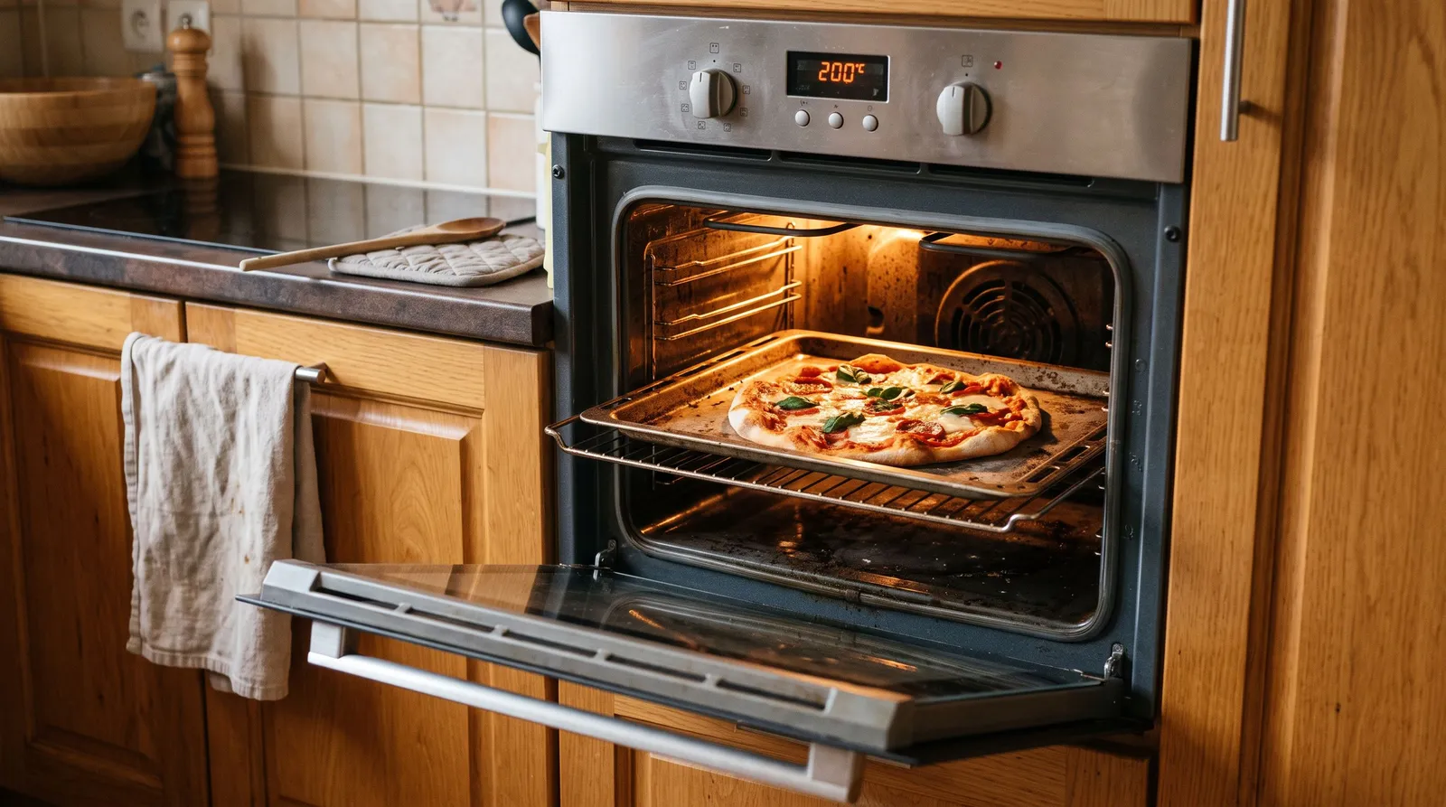 Four ménager encastré classique, porte ouverte, avec une pizza maison posée sur une plaque à l'intérieur