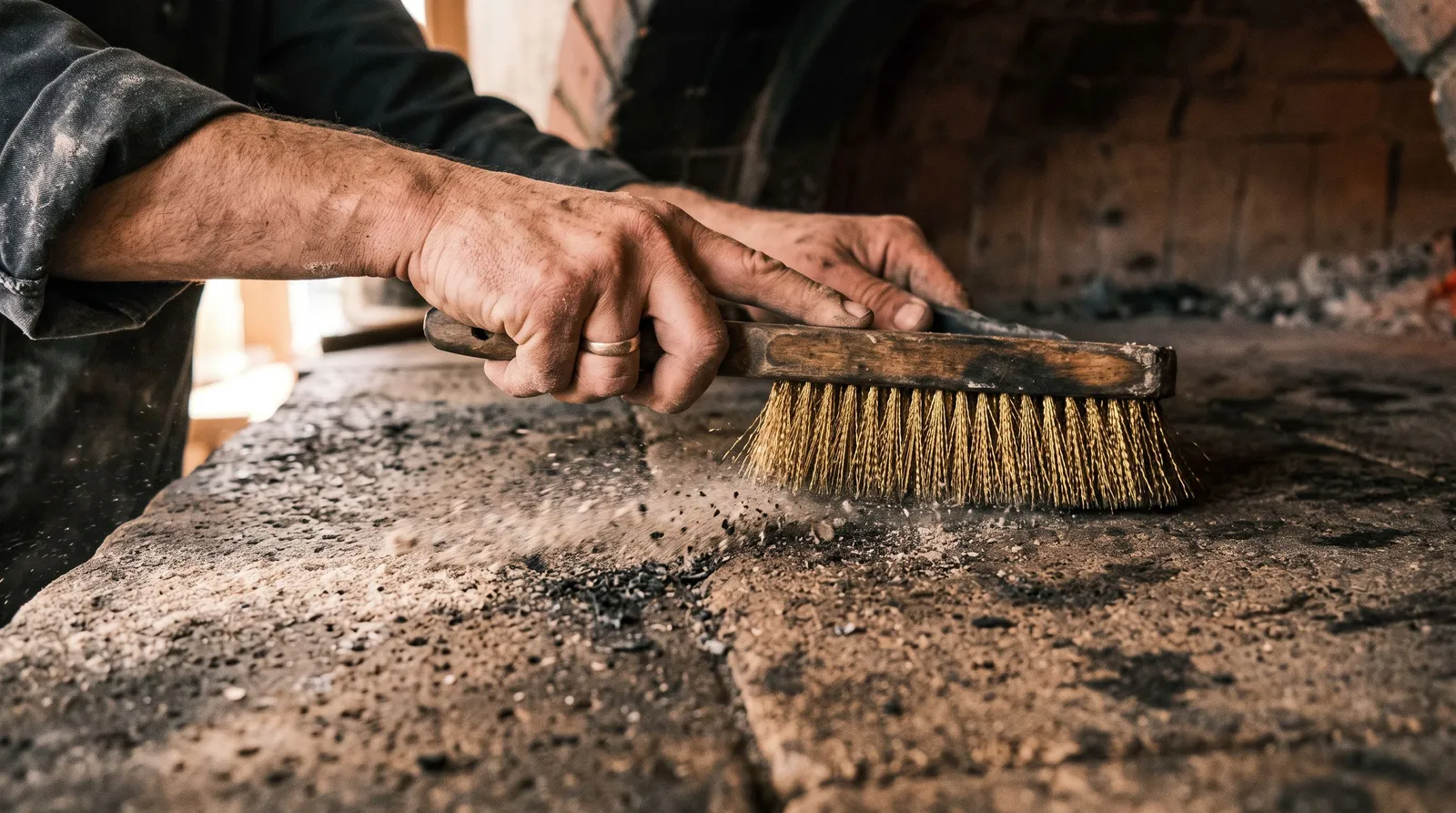 Brossage à sec de la sole d'un four à pizza avec une brosse métallique à poils de laiton