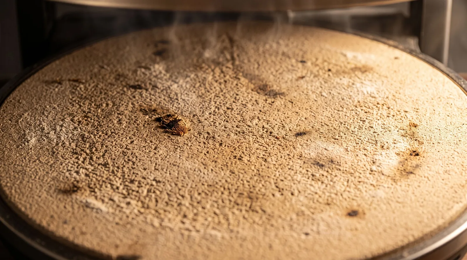 Sole ronde en pierre réfractaire dans la chambre d'un four à pizza, surface poreuse marquée par les cuissons
