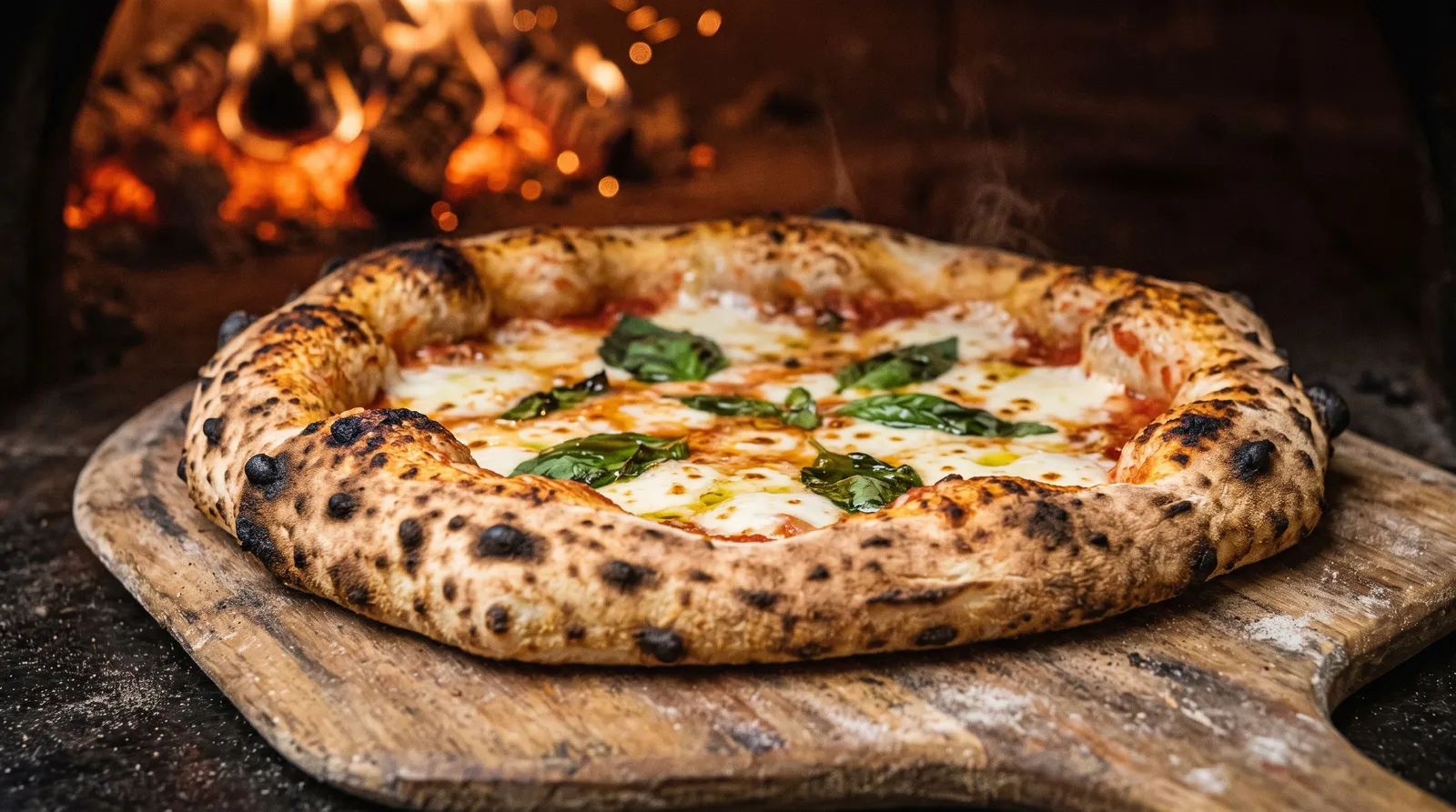 Pizza napolitaine à la corniche alvéolée et léopardée, sortie du four devant des braises incandescentes