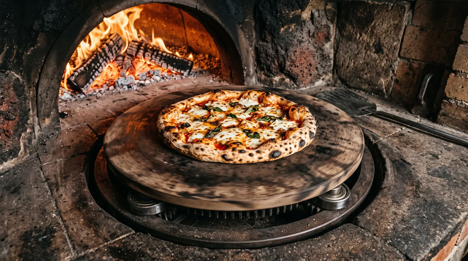 Sole circulaire de four à pizza en rotation sur son mécanisme motorisé, pizza en cours de cuisson