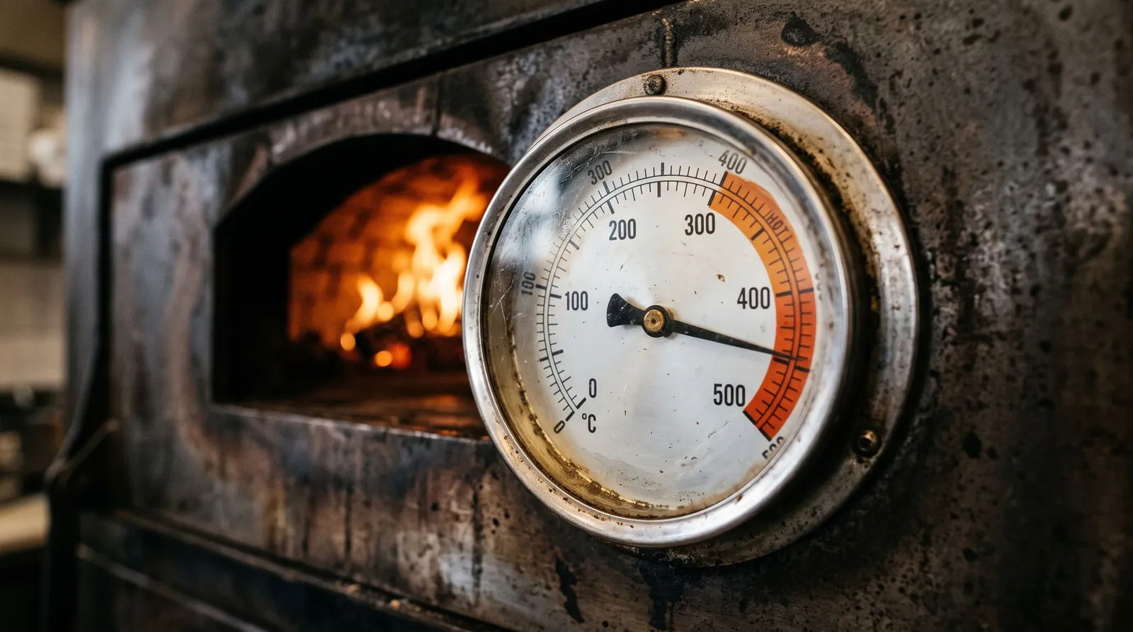 Thermomètre à aiguille encastré dans la porte d'un four à pizza, cadran orienté vers la haute température